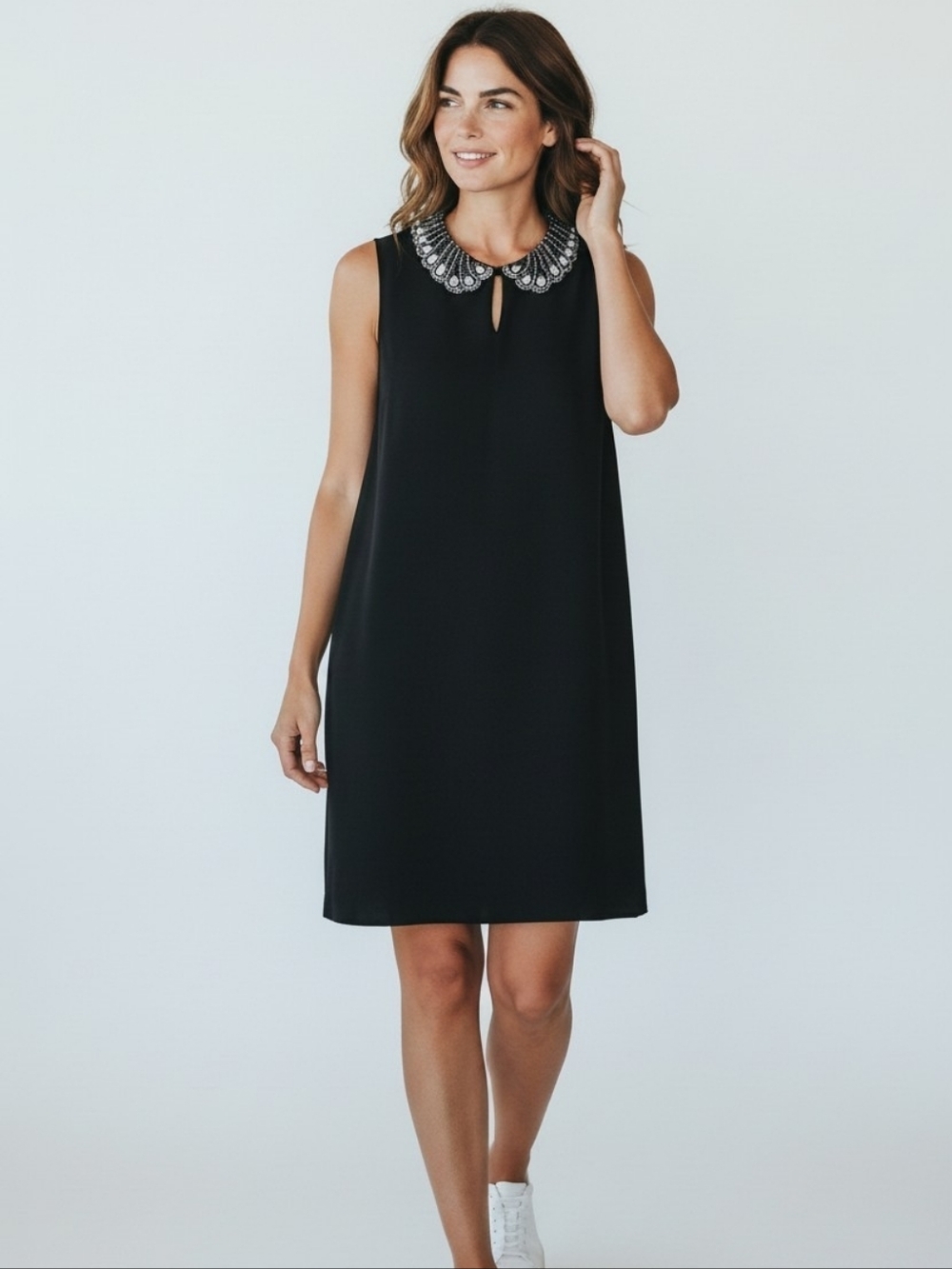 Badgley Mischka Studio Dress S Jeweled Peter Pan Collar Black Sleeveless Shift